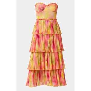 New With Tags Olivaceous Mustard Cora Tiered Maxi Dress Pink Yellow Floral Large